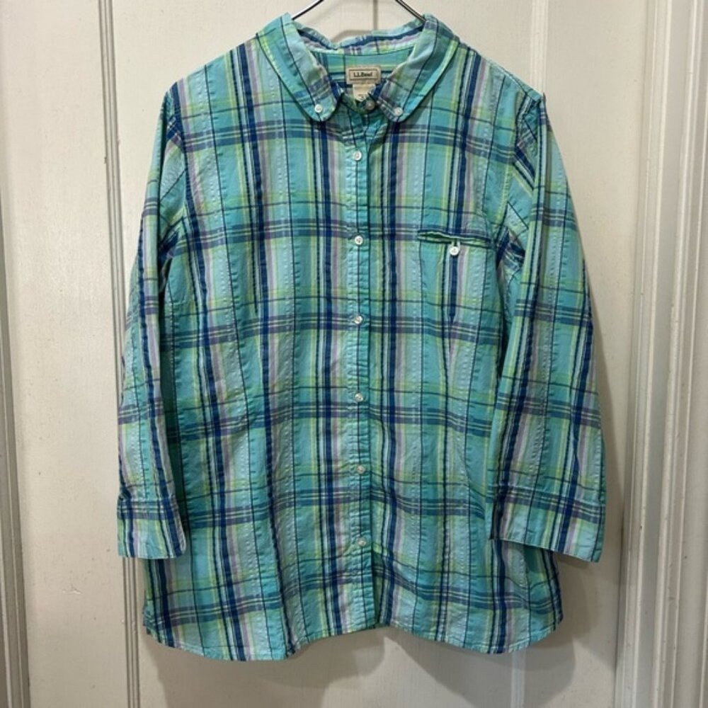 L.L. Women XL Bean Multicolor Plaid cotton Shirt 3/4 sleeves preppy Classic